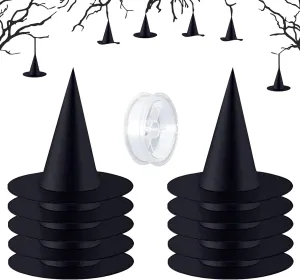 10 Pieces Witch Hat, Halloween Costume and Hanging Decorations, Black X-Large Party Yard Decor With 100 Yards Rope