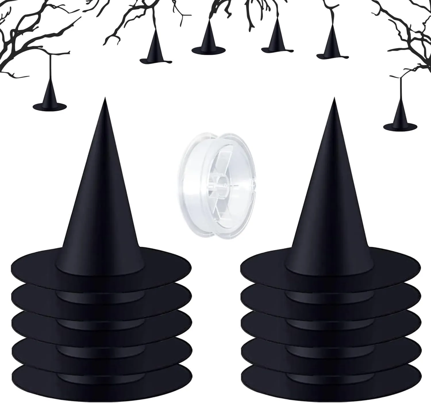 10 Pieces Witch Hat, Halloween Costume and Hanging Decorations, Black X-Large Party Yard Decor With 100 Yards Rope