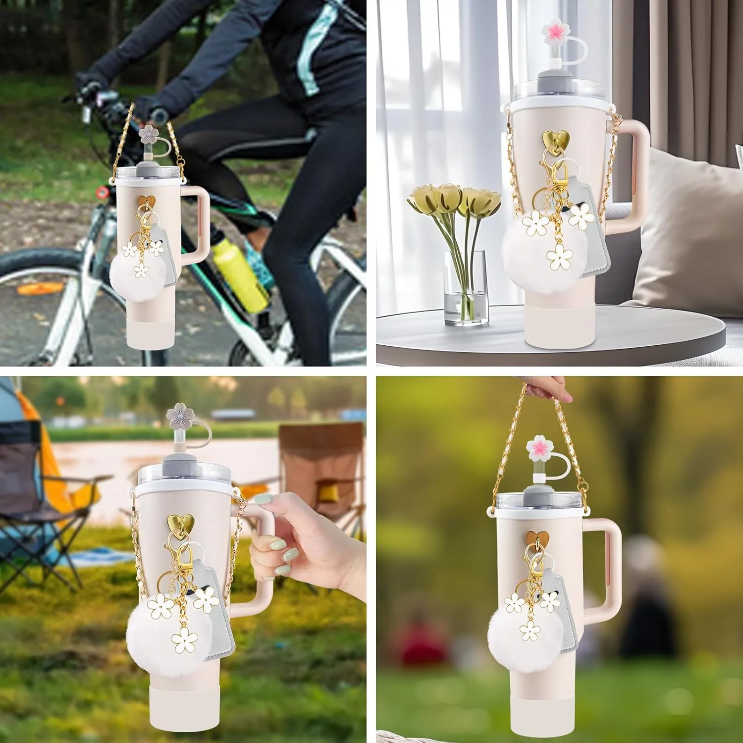 11 PCS Accessories for Stanley Cup, Water Bottle Handle Strap for Stanley 30/40 oz tumbler with handle, including Straw Toppers, Silicone Cup Boot, Keychain Charms - White