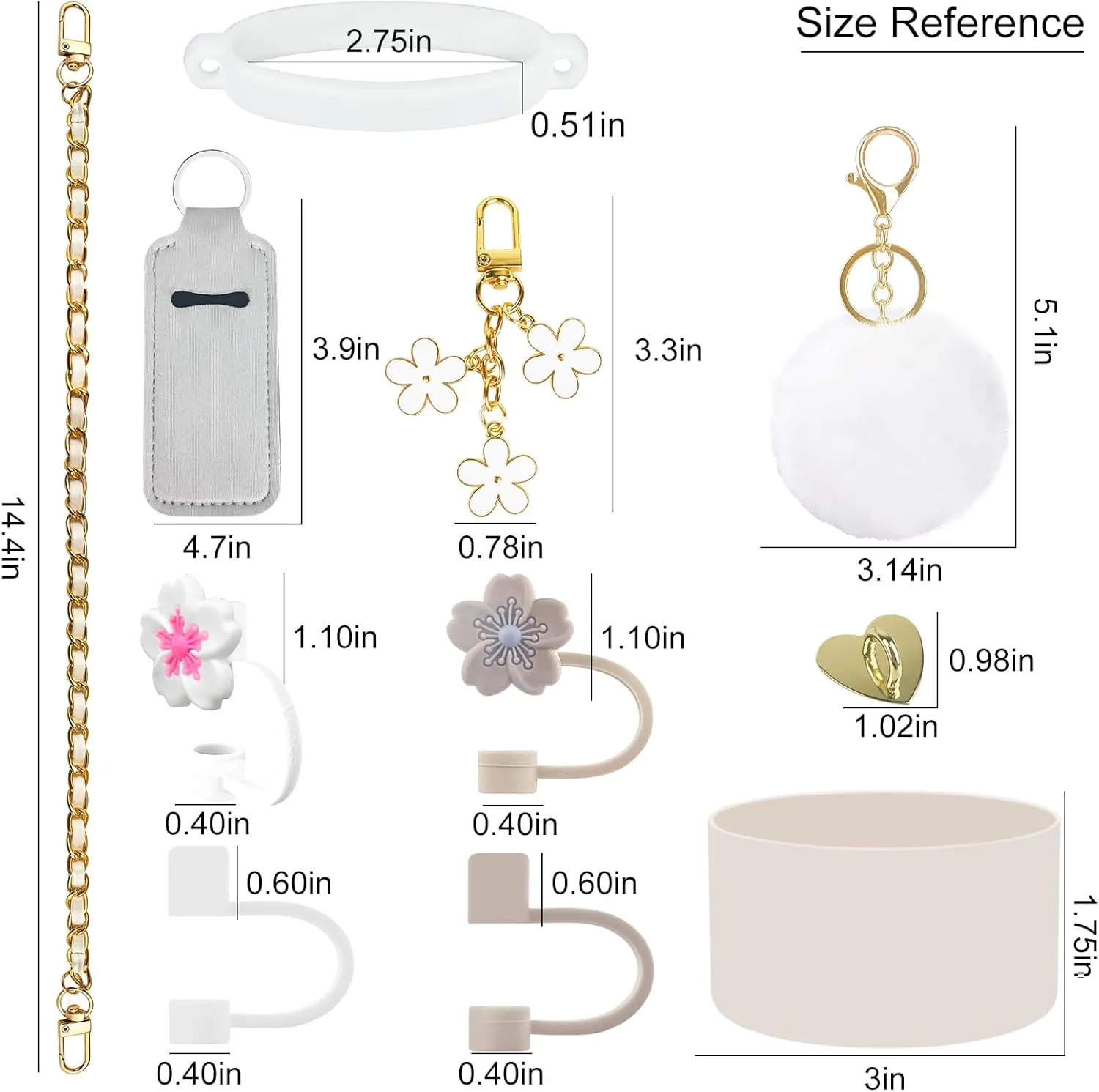 11 PCS Accessories for Stanley Cup, Water Bottle Handle Strap for Stanley 30/40 oz tumbler with handle, including Straw Toppers, Silicone Cup Boot, Keychain Charms - White