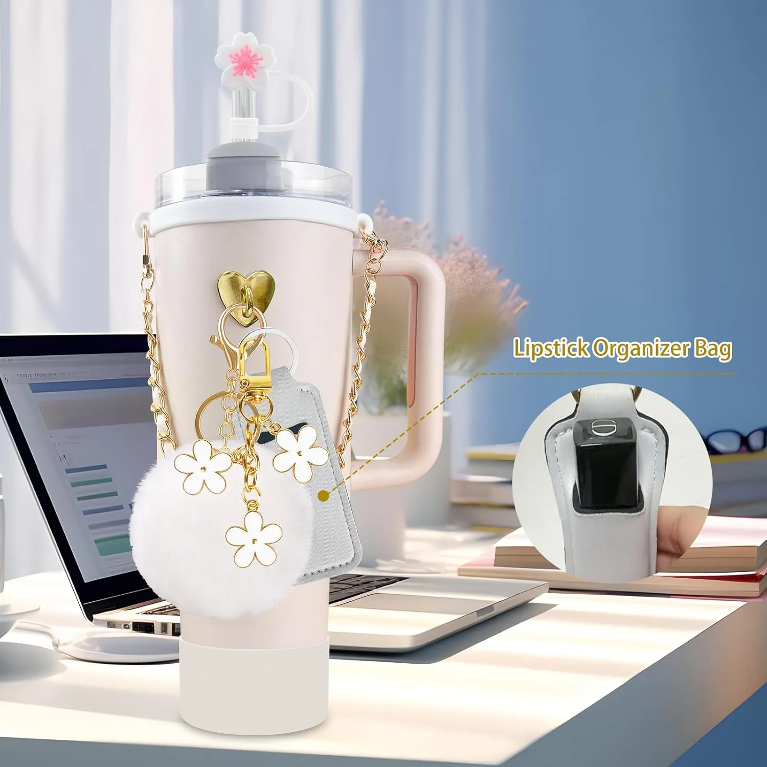 11 PCS Accessories for Stanley Cup, Water Bottle Handle Strap for Stanley 30/40 oz tumbler with handle, including Straw Toppers, Silicone Cup Boot, Keychain Charms - White