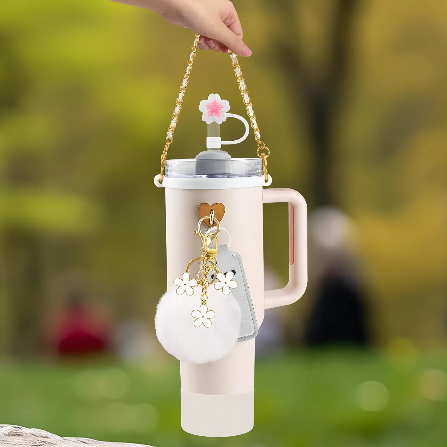 11 PCS Accessories for Stanley Cup, Water Bottle Handle Strap for Stanley 30/40 oz tumbler with handle, including Straw Toppers, Silicone Cup Boot, Keychain Charms - White