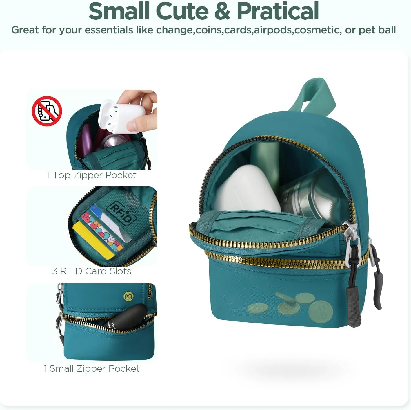 Babysun Mini Backpack Keychain Wristlet Pouch Small Change Coin Purse Cute Zipper Wallet With 3 RFID Card Slots For Women/Men Airpods Cosmetics