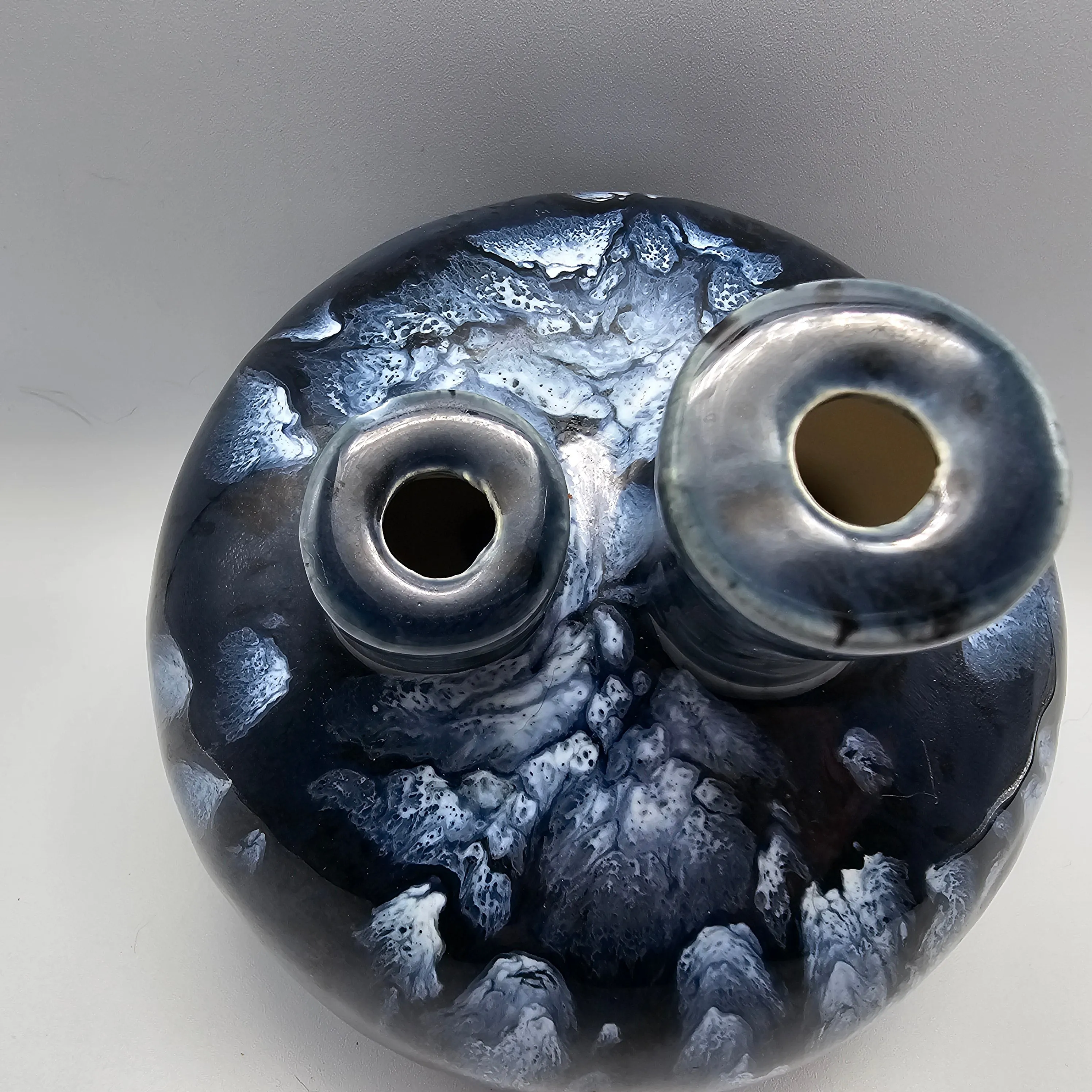 Blue Drip Glaze Double Spout Art Pottery Oil Lamp / Bud Vase Signed Latterman