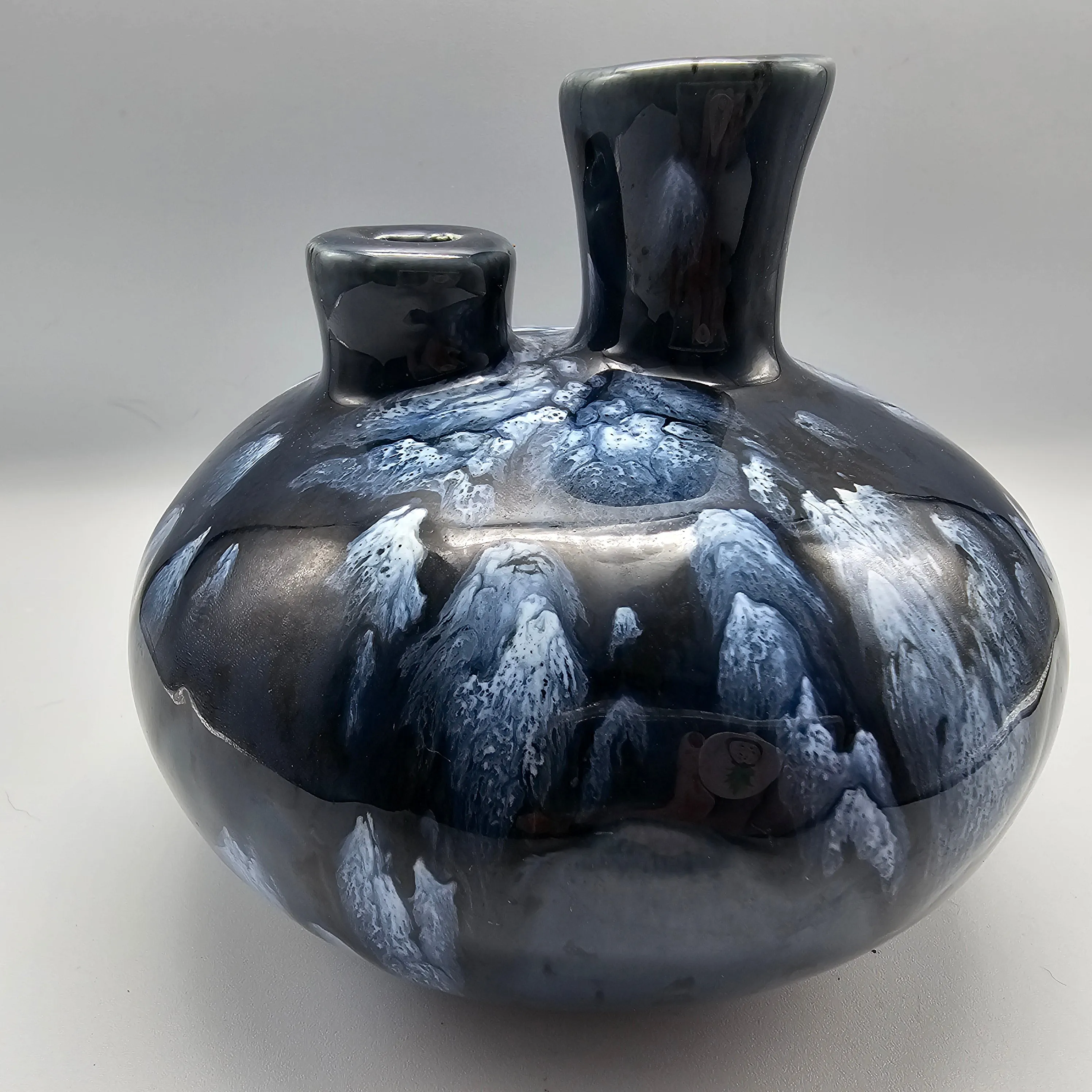 Blue Drip Glaze Double Spout Art Pottery Oil Lamp / Bud Vase Signed Latterman