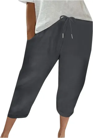 Capri Pants for Women Casual Summer Drawstring Elastic High Waist Linen Pants Baggy Straight Leg Cropped Trousers