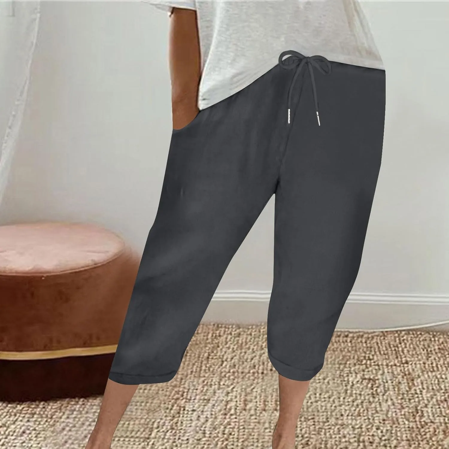 Capri Pants for Women Casual Summer Drawstring Elastic High Waist Linen Pants Baggy Straight Leg Cropped Trousers