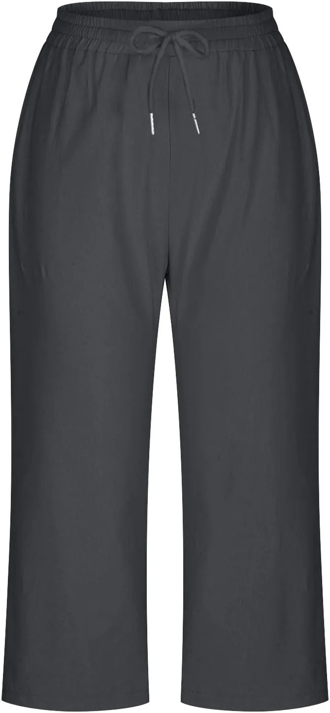 Capri Pants for Women Casual Summer Drawstring Elastic High Waist Linen Pants Baggy Straight Leg Cropped Trousers