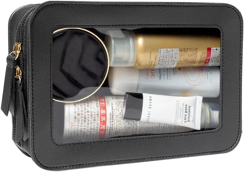 Clear Makeup Bag Organizer, TSA Approved Portable Travel Toiletry Bag Multipurpose Cosmetic Bag Case for Women Vegan Leather Make Up Pouch Transparent Vinyl Windows