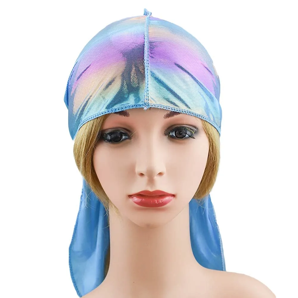 Durags and Bonnets 2pcs/Set for Men Women 360 Wave, Long Tail Silky Doo rag and Turban Sleep Cap