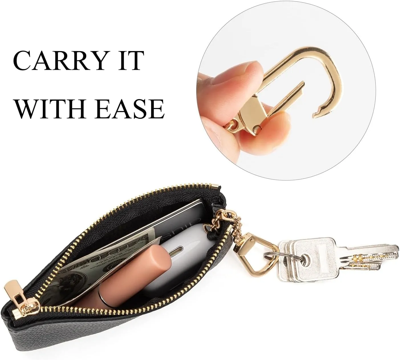 Full Grain Leather Coin Purse with Key Chain - Small Change Purse Keychain Card Holder Keychain Pouch Small Keychain Wallet for Women and Men (Black - Large Size)