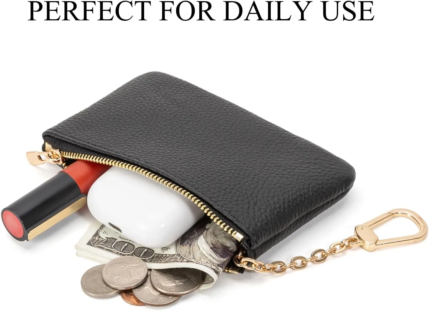 Full Grain Leather Coin Purse with Key Chain - Small Change Purse Keychain Card Holder Keychain Pouch Small Keychain Wallet for Women and Men (Black - Large Size)