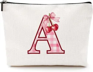 Initial Makeup Bag Monogram Cosmetic Bag Monogrammed Gifts for Women Girls Friends Coworker Teacher Personalized Travel Toiletry Bag Christmas Bridal Shower Wedding Bridesmaid Gifts, Cherry A