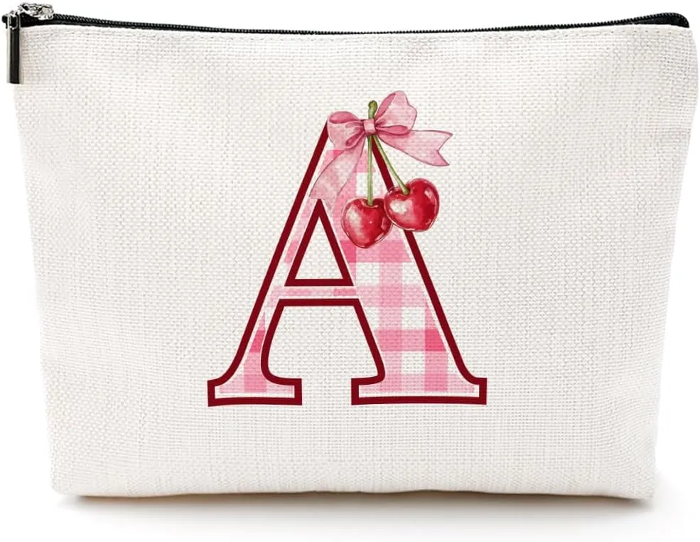 Initial Makeup Bag Monogram Cosmetic Bag Monogrammed Gifts for Women Girls Friends Coworker Teacher Personalized Travel Toiletry Bag Christmas Bridal Shower Wedding Bridesmaid Gifts, Cherry A