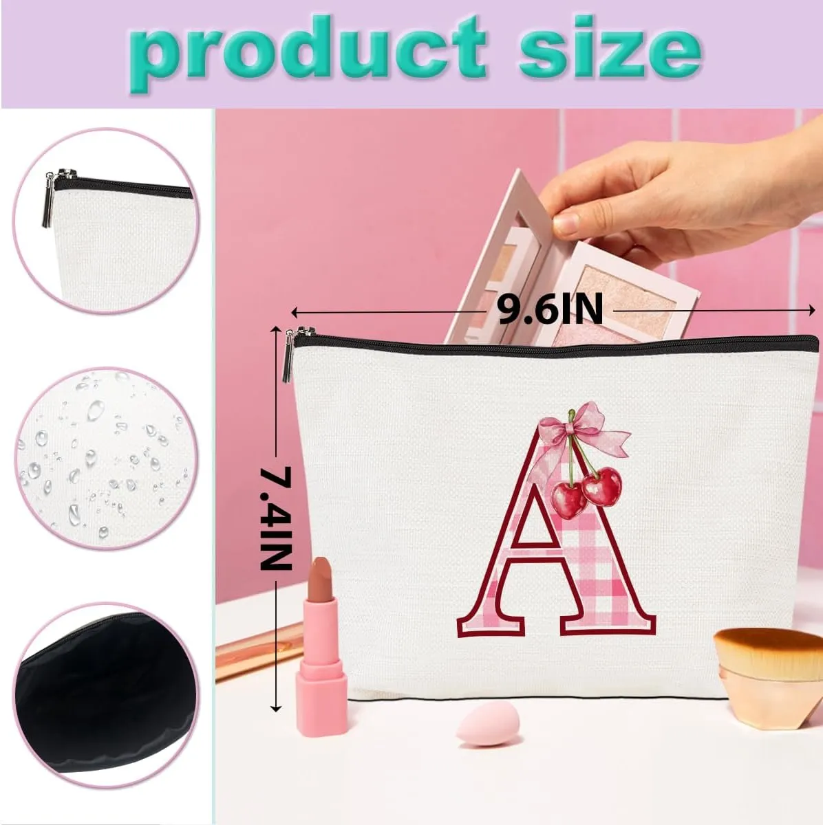 Initial Makeup Bag Monogram Cosmetic Bag Monogrammed Gifts for Women Girls Friends Coworker Teacher Personalized Travel Toiletry Bag Christmas Bridal Shower Wedding Bridesmaid Gifts, Cherry A