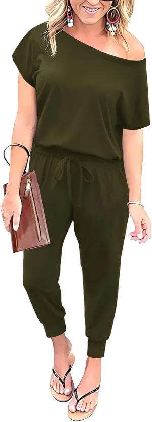 KAY SINN Summer Jumpsuit Rompers Off Shoulder for Women with Pockets Casual Elastic Waist