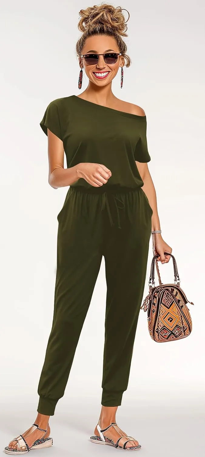 KAY SINN Summer Jumpsuit Rompers Off Shoulder for Women with Pockets Casual Elastic Waist