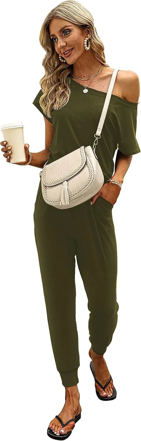 KAY SINN Summer Jumpsuit Rompers Off Shoulder for Women with Pockets Casual Elastic Waist
