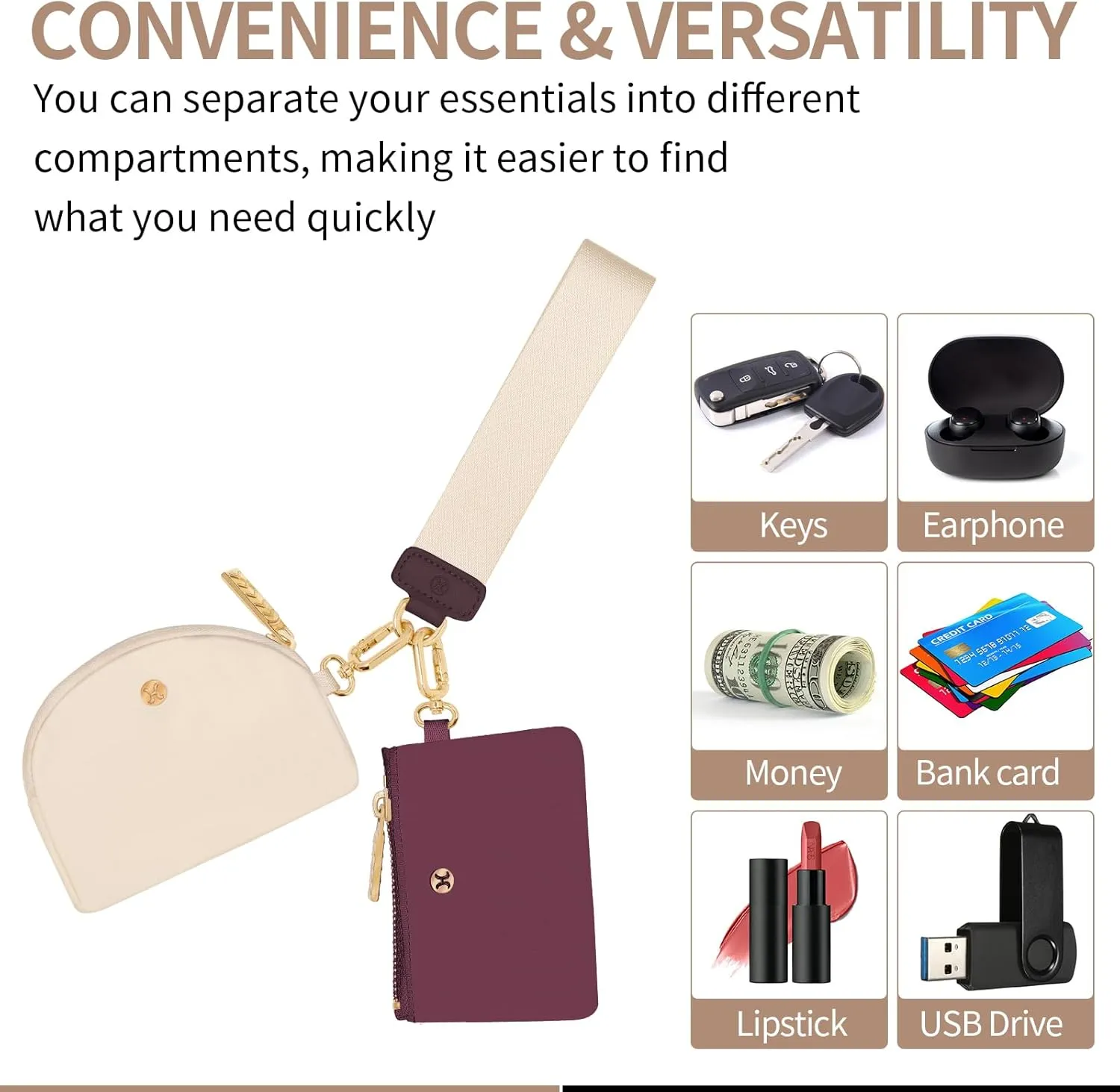 Keychain Wallet, Detachable Dual Pouch Wristlet Wallets for Women Men, Portable Mini Zip Around Small Wallet Coin Purse