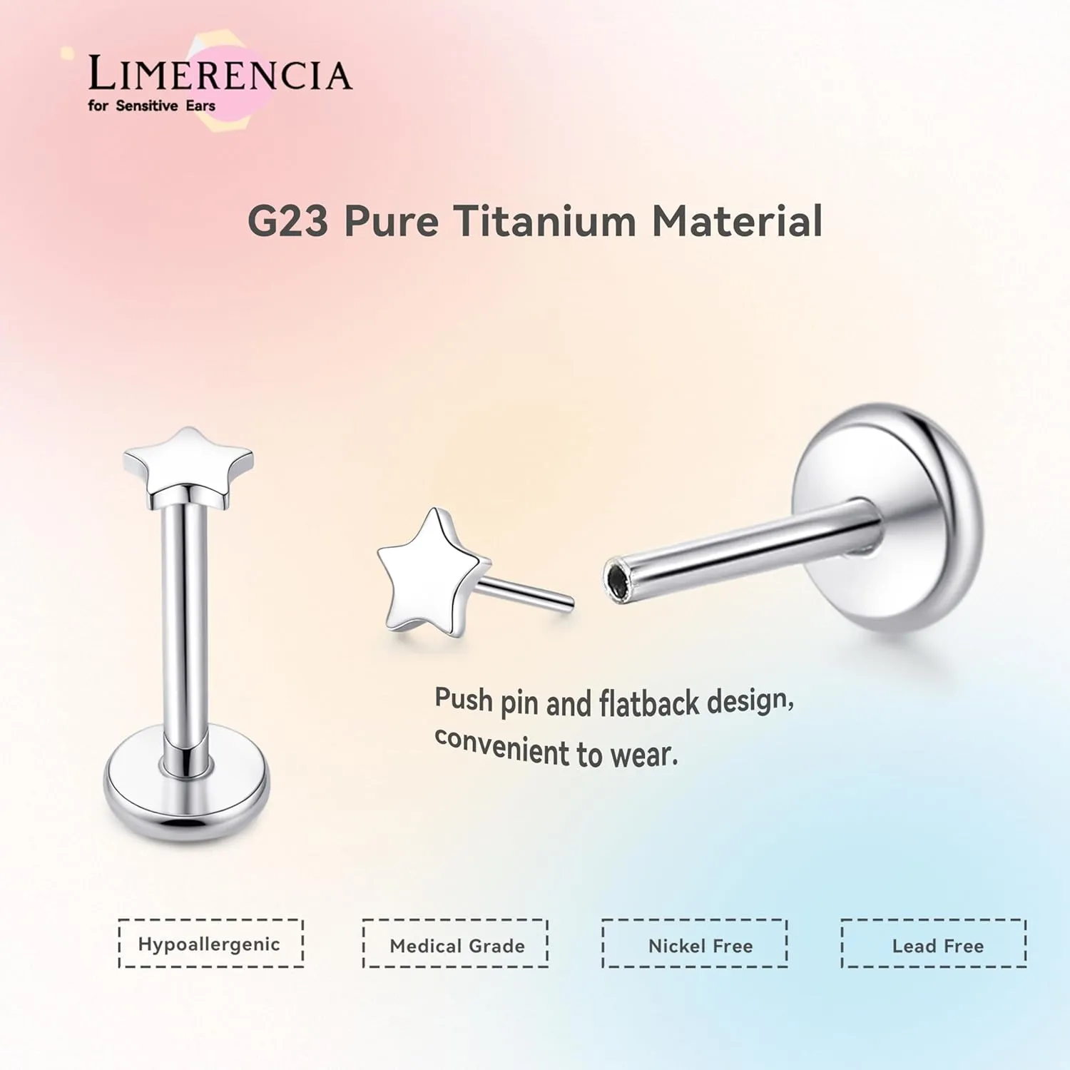 limerencia Titanium Threadless Flat Back Earrings Stud, 20G Press Fit Titanium Push Pop in Cartilage Tragus Labret Lip Medusa Conch Body Piercing Jewelry Hypoallergenic for Women Men