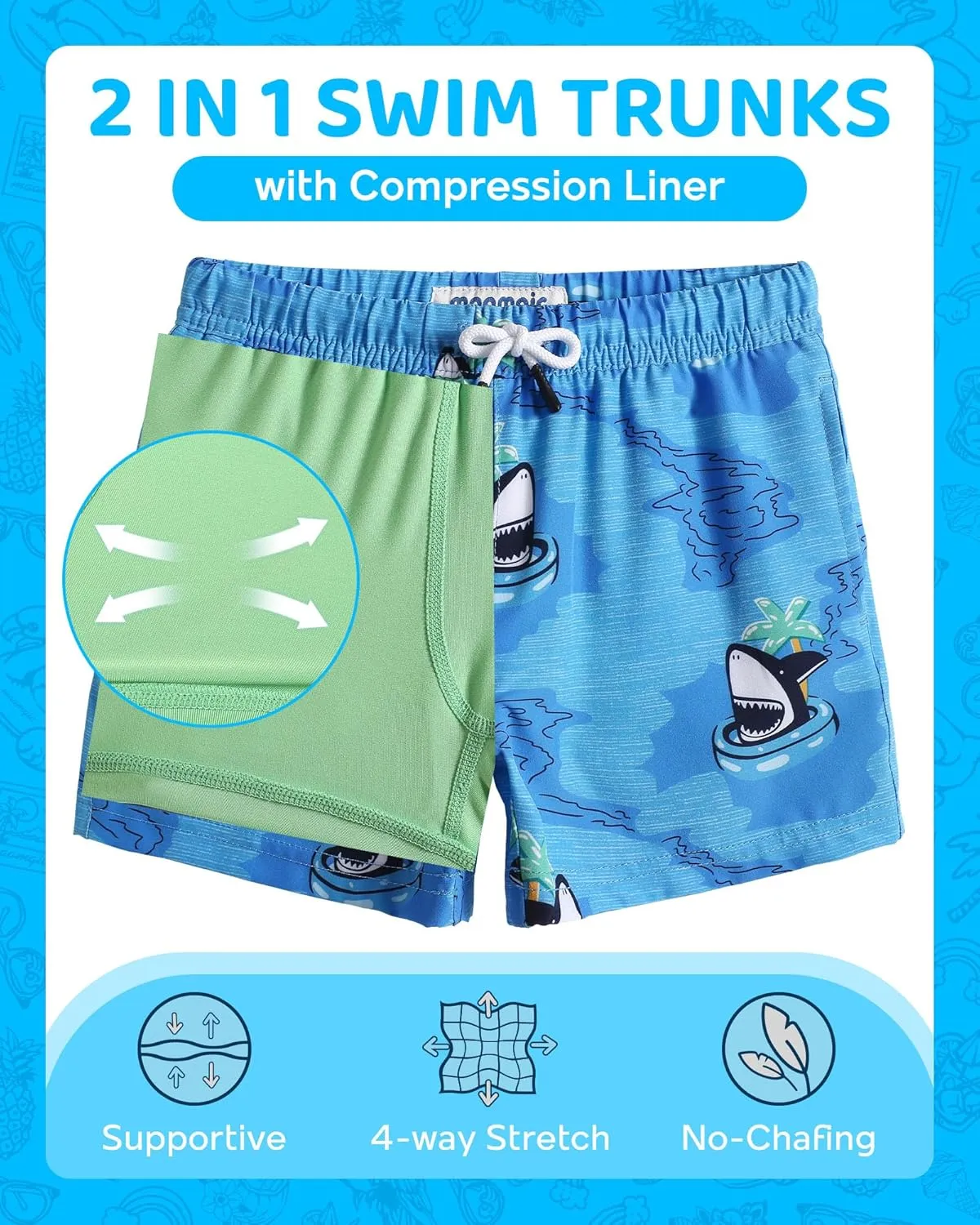 maamgic Boys Swim Trunks with Compression Liner 4-Way Stretch Quick Dry Bathing Suit Toddler Beach Shorts