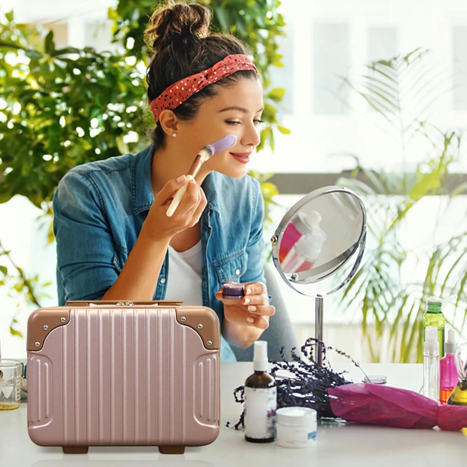 Makeup Travel Case Portable Waterproof Cosmetic Case ABS Hard Shell Toiletry Case with Elastic Band and Zipper for Women Girl Travel Beauty Case for Lipstick Skin Care