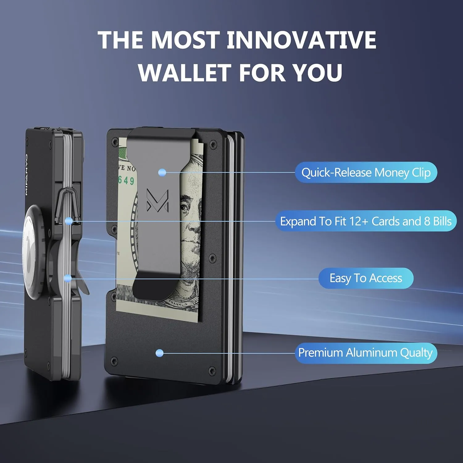 Minimalist Men AirTag Aluminum Wallet, Slim Metal Credit Card Holder with Removable Money Clip, Mens Air Tag Card case, Front Pocket RFID Blocking Wallets, Matte Black (AirTag Not Included)
