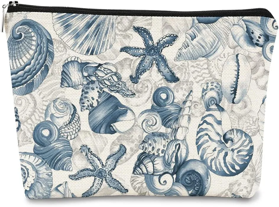 Retro Watercolor Seahorse Seashell Graffiti Makeup Bag, Beach Pouch for Sunscreen, Girls Beach Cosmetic Bag Idea for Women, Girls, Sister, Birthday Party, Pool, Summer Party