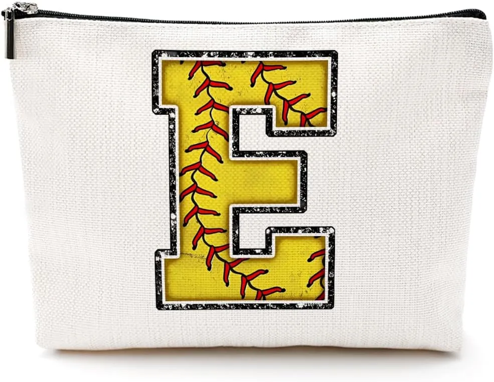 Softball Gifts Initial Makeup Bag Monogrammed Cosmetic Bag Letter E Zipper Pouch Softball Accessories for Girls Women Softball Player Coach Niece Softball Stuff Graduation Birthday Gifts