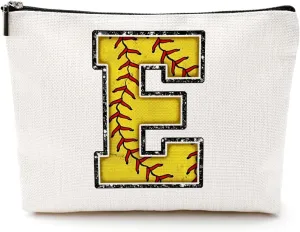 Softball Gifts Initial Makeup Bag Monogrammed Cosmetic Bag Letter E Zipper Pouch Softball Accessories for Girls Women Softball Player Coach Niece Softball Stuff Graduation Birthday Gifts