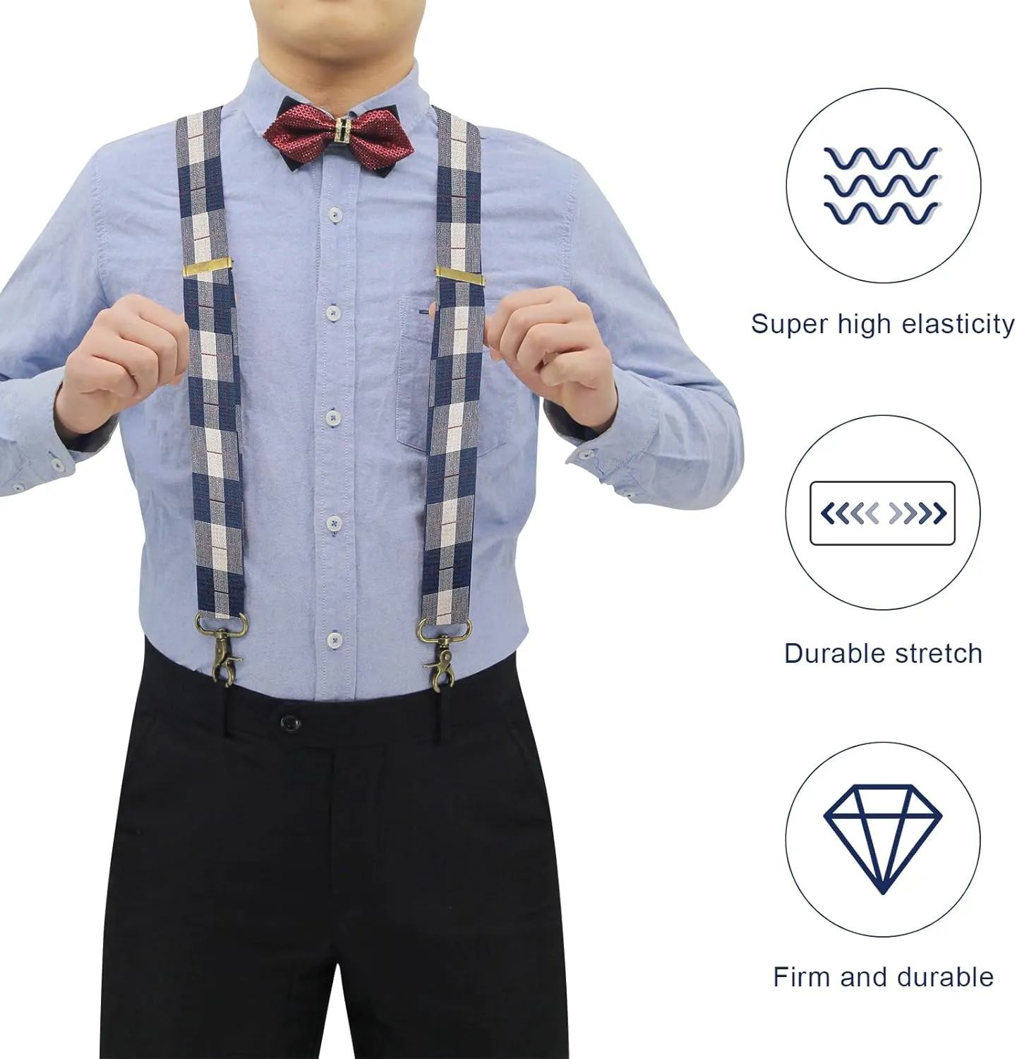 Vintage Suspenders for Men Heavy Duty 4 Snap Hooks for Belt Loops Adjustable X Back
