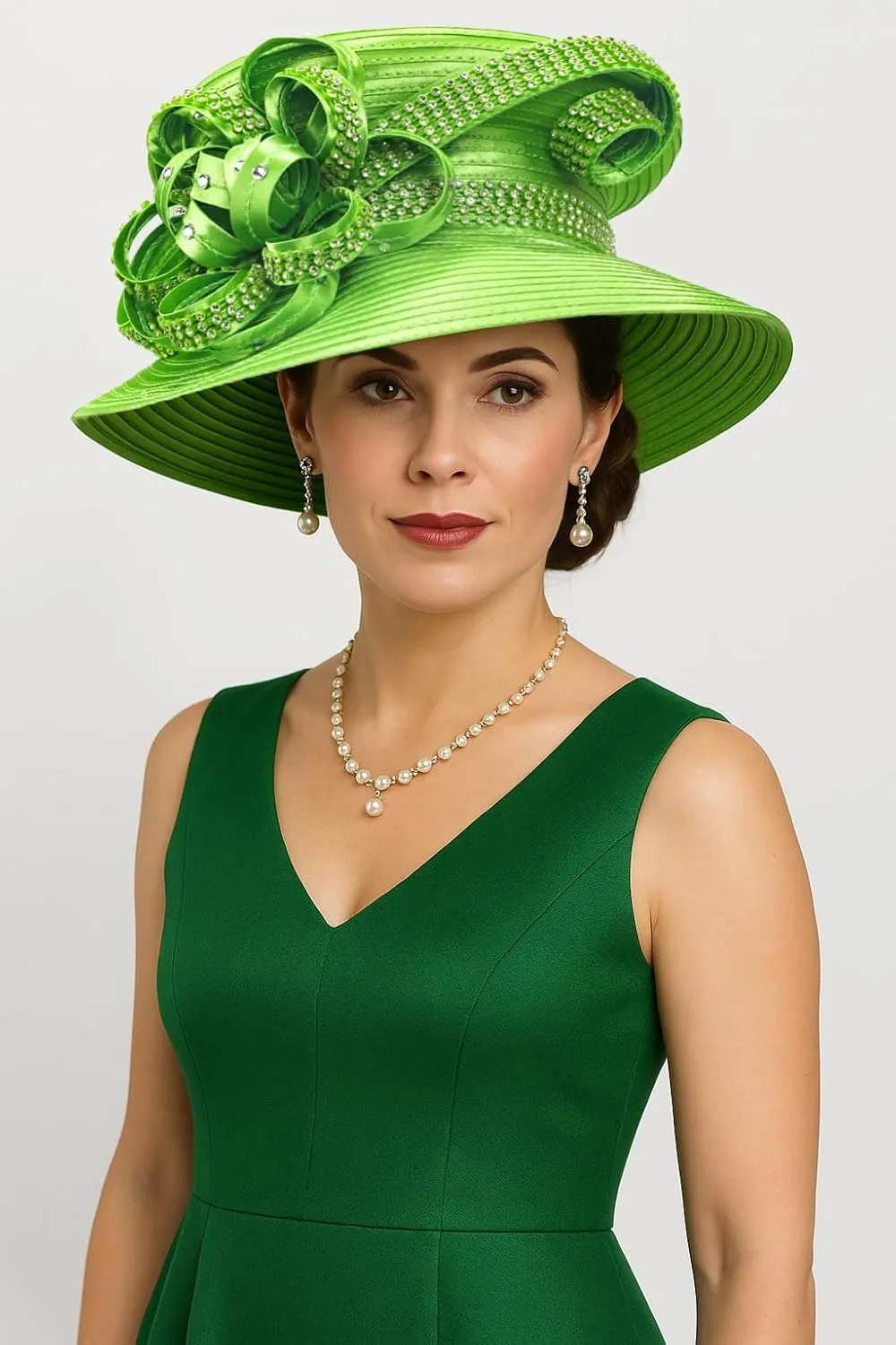 Women Satin Dress Church Derby Hats w/Rhinestones - Elegant Headwear for Special Occasions