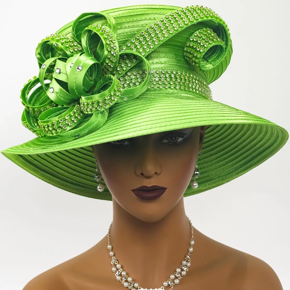Women Satin Dress Church Derby Hats w/Rhinestones - Elegant Headwear for Special Occasions
