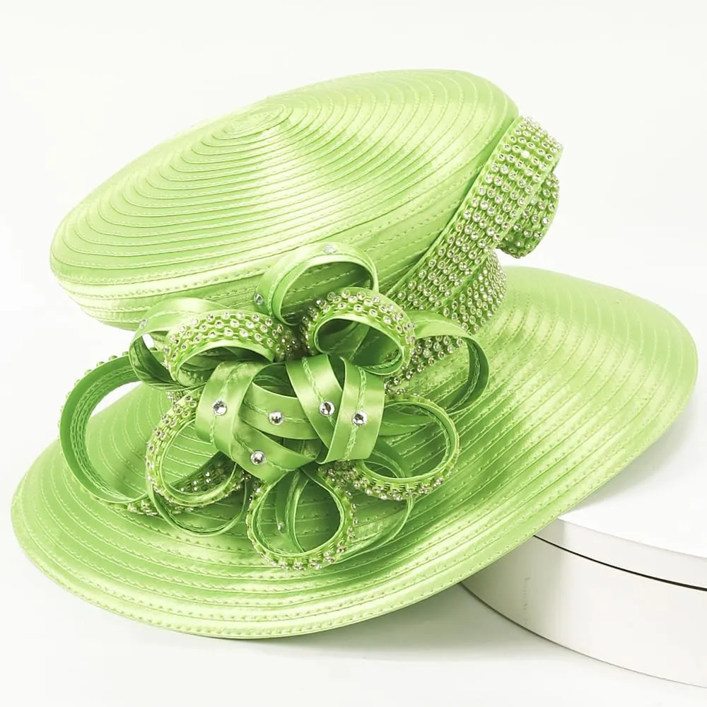 Women Satin Dress Church Derby Hats w/Rhinestones - Elegant Headwear for Special Occasions