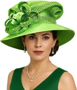 Women Satin Dress Church Derby Hats w/Rhinestones - Elegant Headwear for Special Occasions
