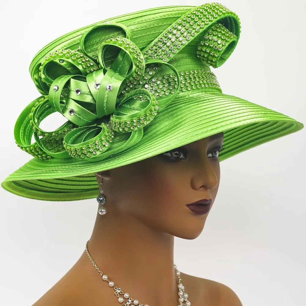 Women Satin Dress Church Derby Hats w/Rhinestones - Elegant Headwear for Special Occasions