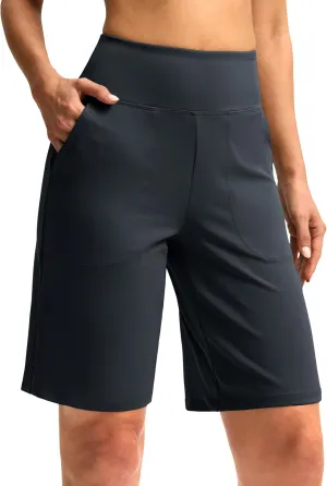 Women's 10" Bermuda Shorts Knee Length with Pockets High Waisted Athletic Long Shorts for Casual Walking Running Yoga